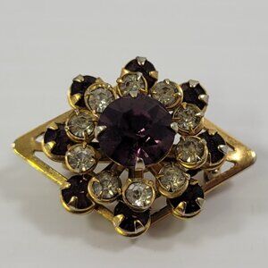 *B) Vintage Gold Tone Clear Purple Amethyst Rhinestone Brooch Pin